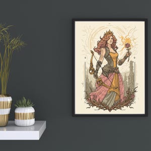 Puede incluir: Una impresión de arte mural enmarcada que presenta una ilustración de líneas de una mujer coronada con cabello largo, sosteniendo una rosa en llamas y un arco. Viste un corpiño y una falda larga, rodeada de enredaderas espinosas y un paisaje.