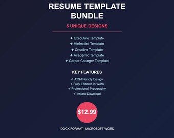 Resume Template Bundle, 5 Professional Resume Templates for Word, Modern CV Template, ATS-Friendly Resume, Job Search Kit, Instant Download