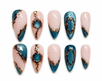 Teal Cat Eye Press On Nails | Gold Foil Geode Nails |Luxury Nail Set |Blue Cat Eye | Statement Press Ons | Custom Press On Nails | Y2K Nails