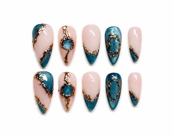 Teal Cat Eye Press On Nails | Gold Foil Geode Nails |Luxury Nail Set |Blue Cat Eye | Statement Press Ons | Custom Press On Nails | Y2K Nails