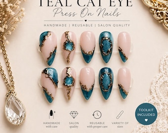 Teal Cat Eye Press On Nails | Gold Foil Geode Nails |Luxury Nail Set |Blue Cat Eye | Statement Press Ons | Custom Press On Nails | Y2K Nails