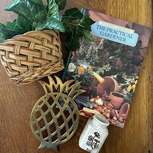 May include: A still-life arrangement featuring a woven basket, a gold-colored pineapple-shaped trivet, a gardening book, and a small jar labeled "Dill." Green ivy-like leaves are draped around the objects, all set on a wooden surface.