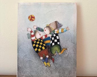 Vintage Oil Painting "Kids Playing with Ball" Signed by J. Roybal