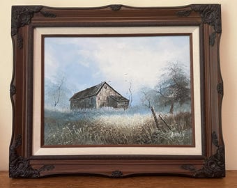Vintage Oil Painting by H. Gailey of Rural Barn Landscape, with Custom Framing