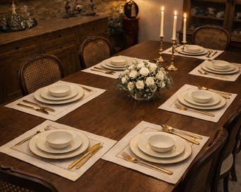 Manteles individuales con aspecto de lino y borde dorado, tela Etuval, decoración neutra para el comedor, camino de mesa estilo granja,