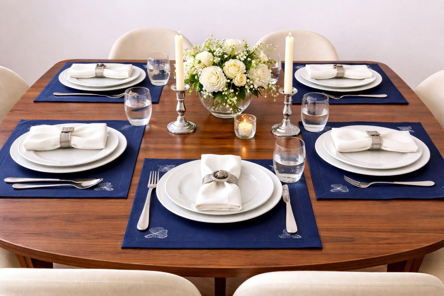 Navy Blue Embroidered Table Runner Set, 6 Placemats, Linen Look…