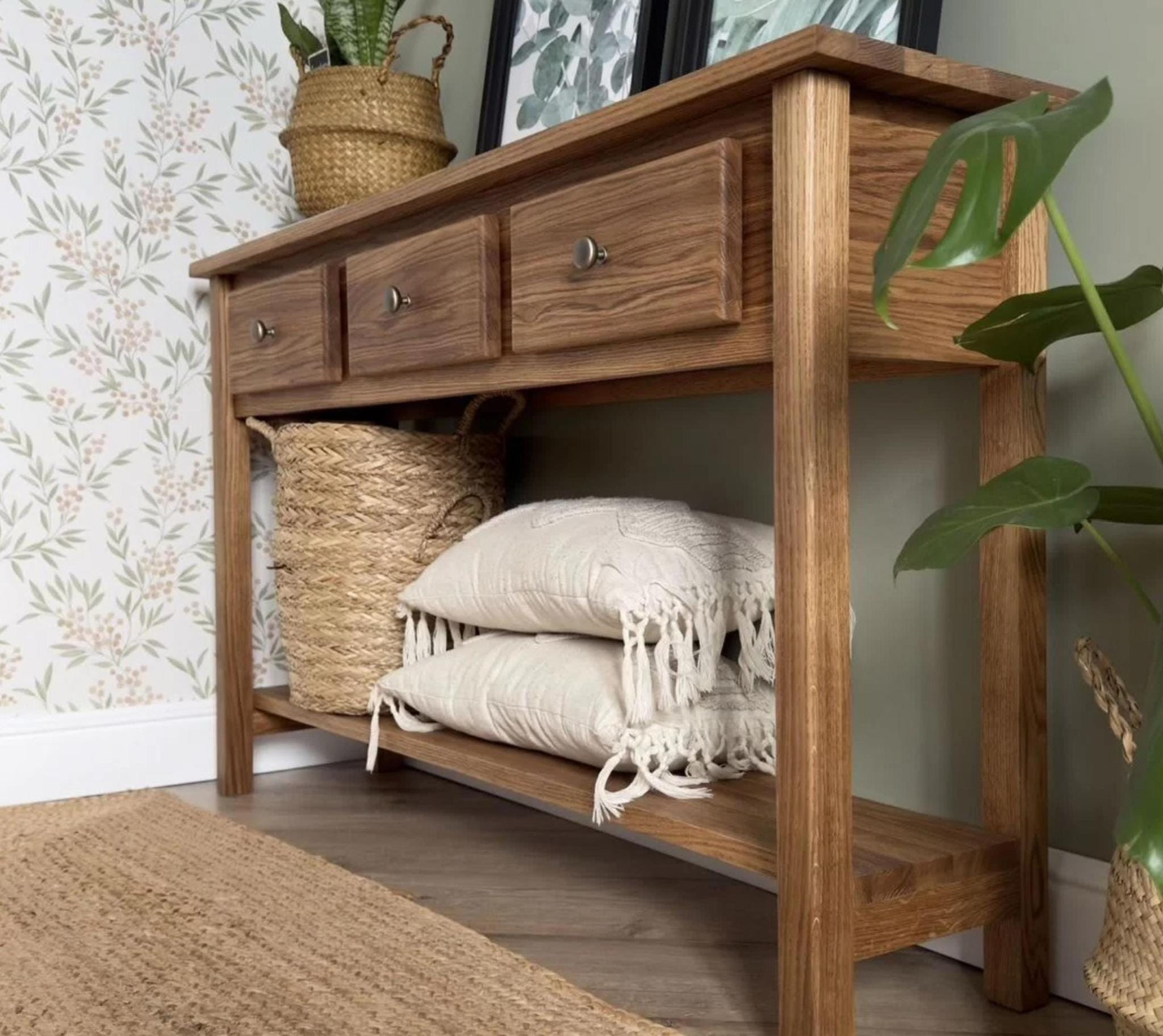 Solid Oak Console Table With Drawers and Shelf - Etsy Australia
