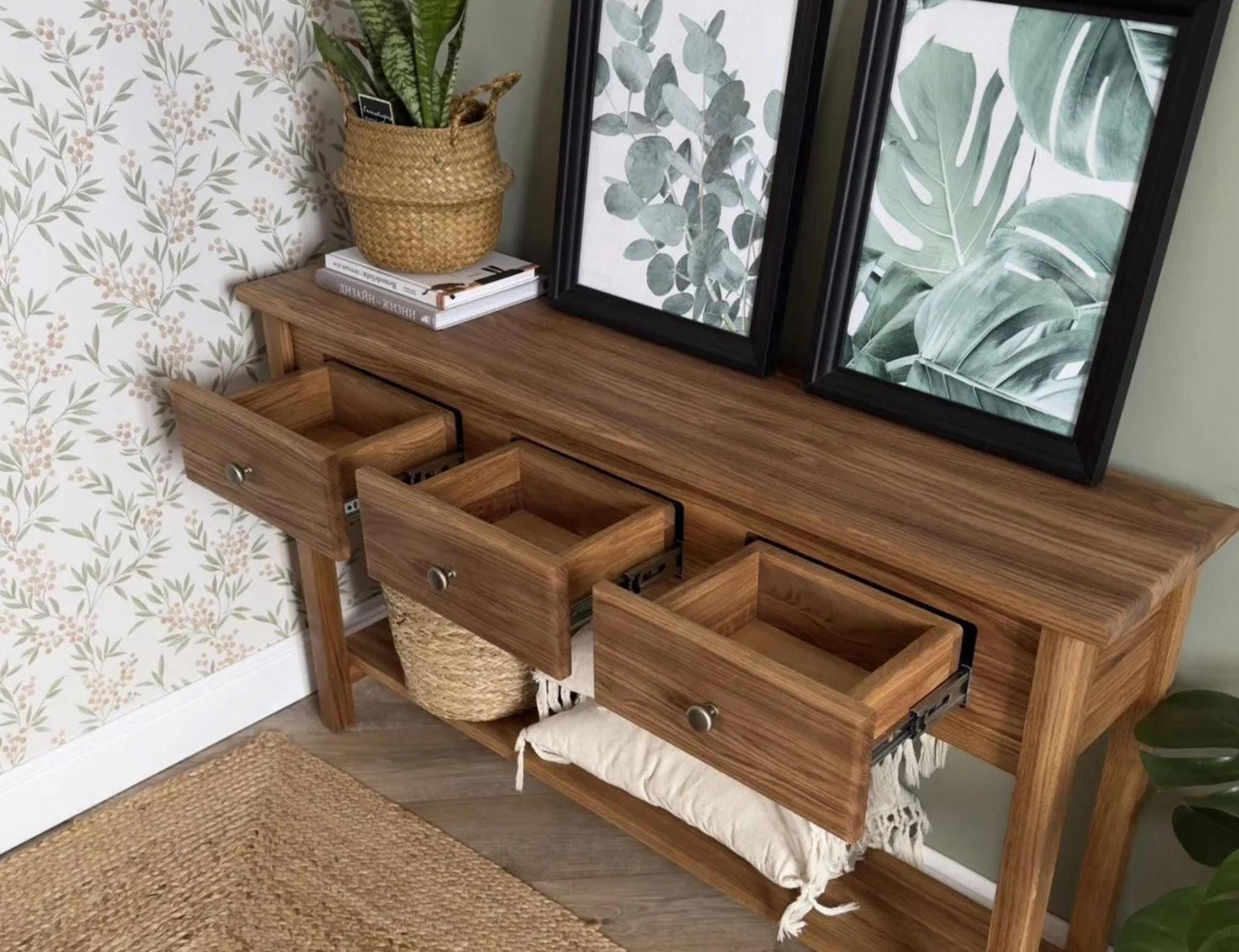 Solid Oak Console Table With Drawers and Shelf - Etsy Australia