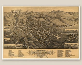 Butte Montana 1884 Historic Map Print | Copper Mining Bird's-Eye View