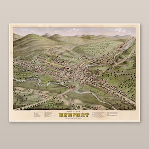 May include: A vintage bird's eye view map of Newport, New Hampshire, dated 1877. The illustration depicts the town nestled in a valley with rolling green hills, a winding river, and detailed buildings. The title reads BIRD'S EYE VIEW NEWPORT NEW HAMPSHIRE 1877.