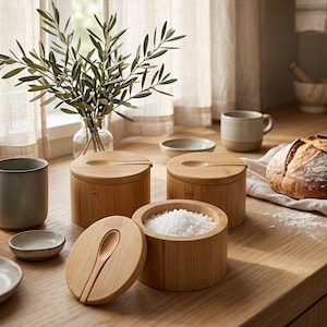 May include: Wooden salt cellar with a small spoon, alongside two other lidded wooden containers. A loaf of bread rests on a linen cloth. A vase of olive branches and ceramic cups are also on the wooden surface.