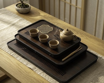 Bandeja de té Gongfu, bandeja de bambú con drenaje, mesa de té china, tabla de té de madera con drenaje de agua, juego de té zen, bandeja para servir, decoración del hogar