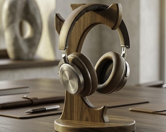 Soporte para auriculares de madera de teca, soporte minimalista de madera para auriculares, estante de exhibición de escritorio ovalado, decoración de escritorio de madera natural, regalo.