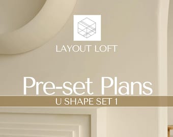 May include: A beige wall with the text "LAYOUT LOFT" and "Pre-set Plans U SHAPE SET 1". A decorative, curved element is in the upper left corner. A small table with a vase is in the lower right corner.