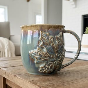 Handmade Maple Leaf Mug Rustic Porcelain Blue Green Modern Farmhouse Kitchen Accessory Nature Enthusiast Gift Idea Artisan Tea Coffee Cup