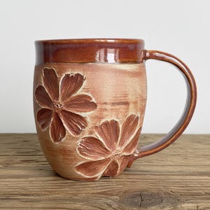 Handmade Pottery Mug Rustic Coffee Cup Farmhouse Ceramic Drinkware Kitchen Tableware Floral Carved Porcelain Artisan Tea Vessel Brown Glazed