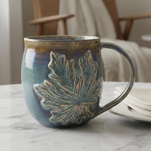 May include: A ceramic mug with a blue glaze and a large, raised leaf design. The mug has a rounded shape with a handle and a brown rim. The mug is sitting on a white surface.