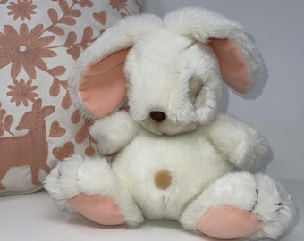 Vintage 1987 Spearhead Stuffed White Sleeping Bunny Rabbit Plush belly Button
