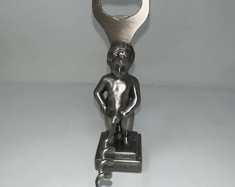 Vintage Bruxelles Manneken Pis 6" Corkscrew Bottle Opener Silver Tone Belgium 1lb+