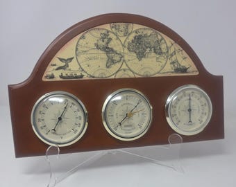 Vtg Springfield Nautical World Map Weather Station Barometer, Wood Thermometer