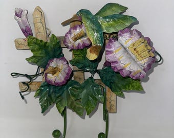 Vintage Hand-Painted Metal Hummingbird Morning Glory Wall Hook – Garden Picket Fence Decor