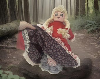 1980s Topsy Turvy Doll 3-in-1 Storybook Plush - Red Riding Hood & Wolf Folk Art