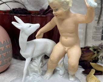 Schaubach Kunst Porcelain Figurine: Boy with Fawn, Mid-Century German Art Deco Style Cherub