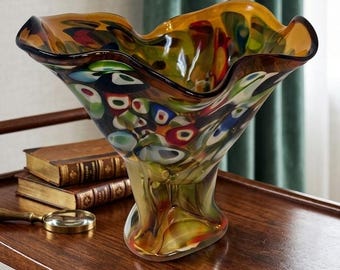 Vintage Polish Art Glass Handkerchief Vase – Multicolor Confetti Fazzoletto MCM Centerpiece