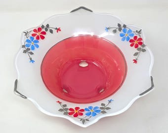 Pink Opalescent Footed Bowl Vintage Hand Painted Glass Floral Bowl Mid Century Vanity Decor 11 Inch Decorative Dish