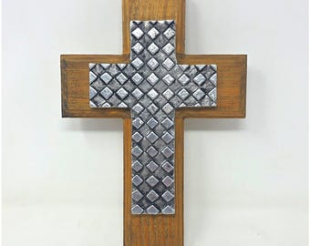 Vintage Mexican Folk Art Wood Wall Cross 10.5" Embossed Metal Lattice Diamond