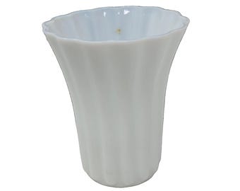 Vintage White Milk Glass Vase Fluted Ribbed Flower Vase Scalloped Rim Mid Century Decor 7.5 Inch Decorative Vessel