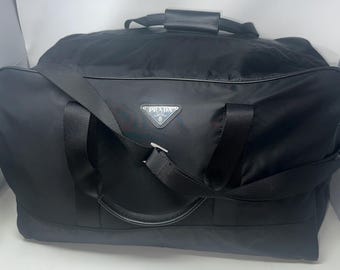 Vintage Auth Prada Black Tessuto Nylon Duffle Weekender Bag Padlock & Strap