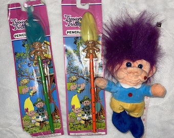 Vintage 1991 Ace Novelty Treasure Trolls Plush & Pencil Topper Lot of 3