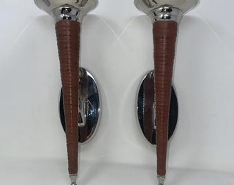 ボンベイ社製 クロムレザー製壁掛け燭台（2個セット） モダンリージェンシー様式 インド製 ヴィンテージ 150026