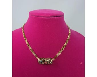 Vintage 1950s Sandor Co. Signed Gold-Tone Barrel Pendant & Cabochon Necklace