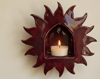 Handmade Ceramic Sun Wall Candle Holder, Boho Spiritual Home Decor