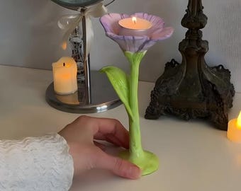 Handmade Ceramic Flower Candle Holder – Romantic Gift for Her, Lavender Cottagecore Decor, Anniversary Gift, Aesthetic Home Decor