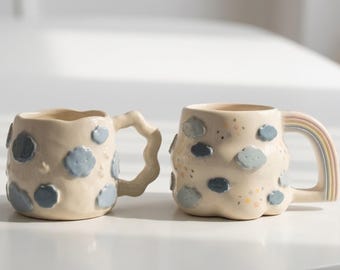 Personalized Ceramic Mug, Rainbow Cloud Handle, Custom Name Coffee Cup, Handmade Pottery Gift