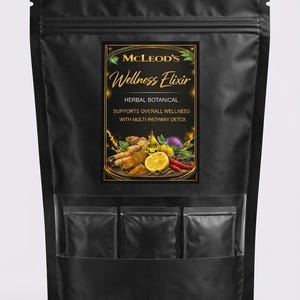 May include: Black pouch labeled "McLeod's Wellness Elixir" with a gold-framed label featuring text and illustrations of herbs and fruits. The pouch has a clear window with three small packets.