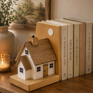 Pode incluir: Um suporte de livros de madeira em forma de casa, com telhado castanho e paredes brancas. Ao lado, uma pilha de livros com títulos como "THE KINFOLK HOME" e "THIS IS HOME". O suporte de livros tem uma chaminé e pequenas janelas.