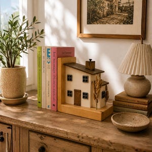 Può includere: Un fermalibri in legno a forma di piccola casa con tetto marrone scuro, camino e quattro finestre, che sostiene una fila di libri. La casa presenta pareti color chiaro, una porta marrone scuro e spighe di grano essiccate decorative sul lato.