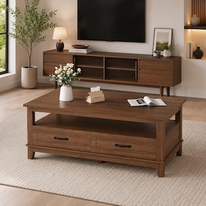 May include: A rectangular wooden coffee table featuring a smooth top surface, an open storage shelf, and two lower drawers with black metal handles. The table is finished in a medium brown wood tone and stands on four sturdy, straight wooden legs.