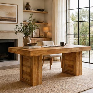 May include: A large, rectangular wooden desk with a light brown finish. The desk has two thick, rectangular legs and a thick top. A beige rug is beneath the desk. A white chair is behind the desk. A black mug sits on the desk.