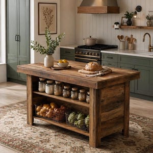 Puede incluir: Isla de cocina de madera r&uacute;stica con dos estantes, llena de frascos de vidrio, cestas de alambre con productos y una encimera de madera. La isla est&aacute; en una cocina con gabinetes verdes, una campana extractora de acero inoxidable y una alfombra estampada.