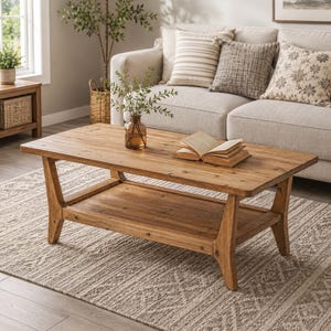 Solid Wood Coffee Table with Storage Shelf, Farmhouse Living Room Center Table, Rustic Rectangle Coffee Table, Easy Assembly, 47.2 Inch