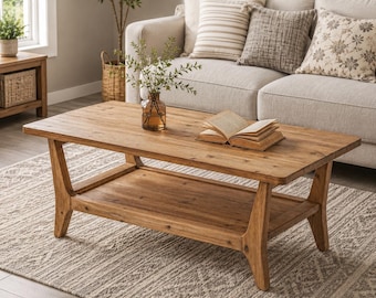 Mesa de centro de madera maciza con estante de almacenamiento, muebles rústicos de estilo granja para sala de estar.