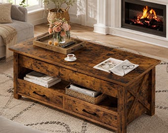 47.2” Farmhouse Lift Top Coffee Table with Hidden Storage & 2 Drawers, Rustic Brown Coffee Table with Dual Lift Top, Living Room Center Tabl