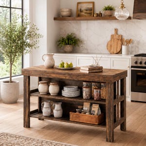 May include: A rectangular kitchen island made of dark brown distressed wood with two open shelves. The top surface holds a ceramic pitcher and a bowl of pears. The shelves contain various glass jars, ceramic pitchers, stacked plates, and a wooden box.