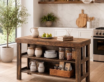 Farmhouse Kitchen Island with Seating and Storage, 55.1 Inch Kitchen Island Table with 3-Tier Shelves