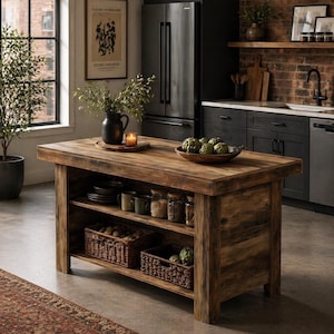 May include: A rustic wooden kitchen island with open shelving and a large countertop. The island features baskets, jars, and bowls filled with produce and kitchen essentials. The kitchen has a brick wall and a black refrigerator.
